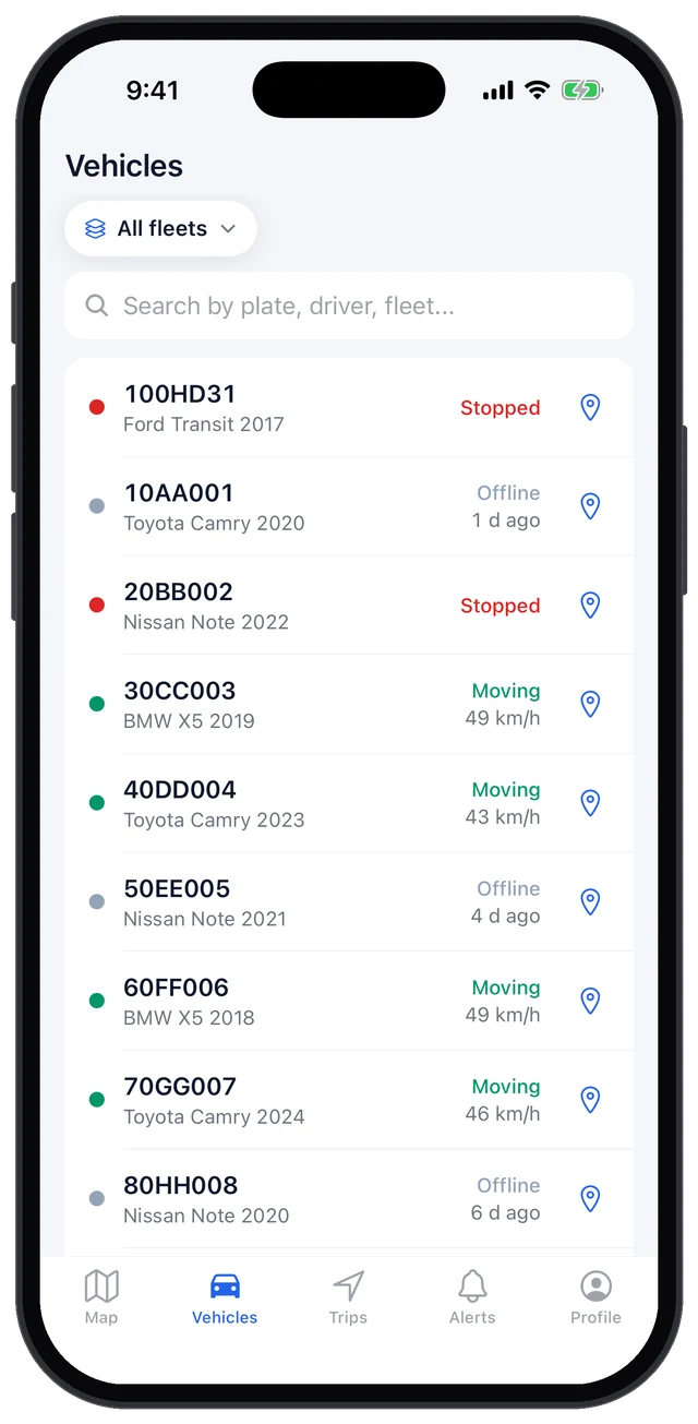 Mobile app: vehicle list with live status