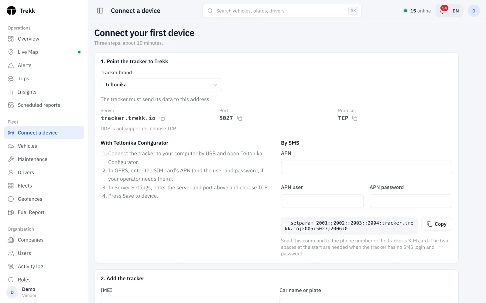 The "Connect a device" page in the Trekk dashboard