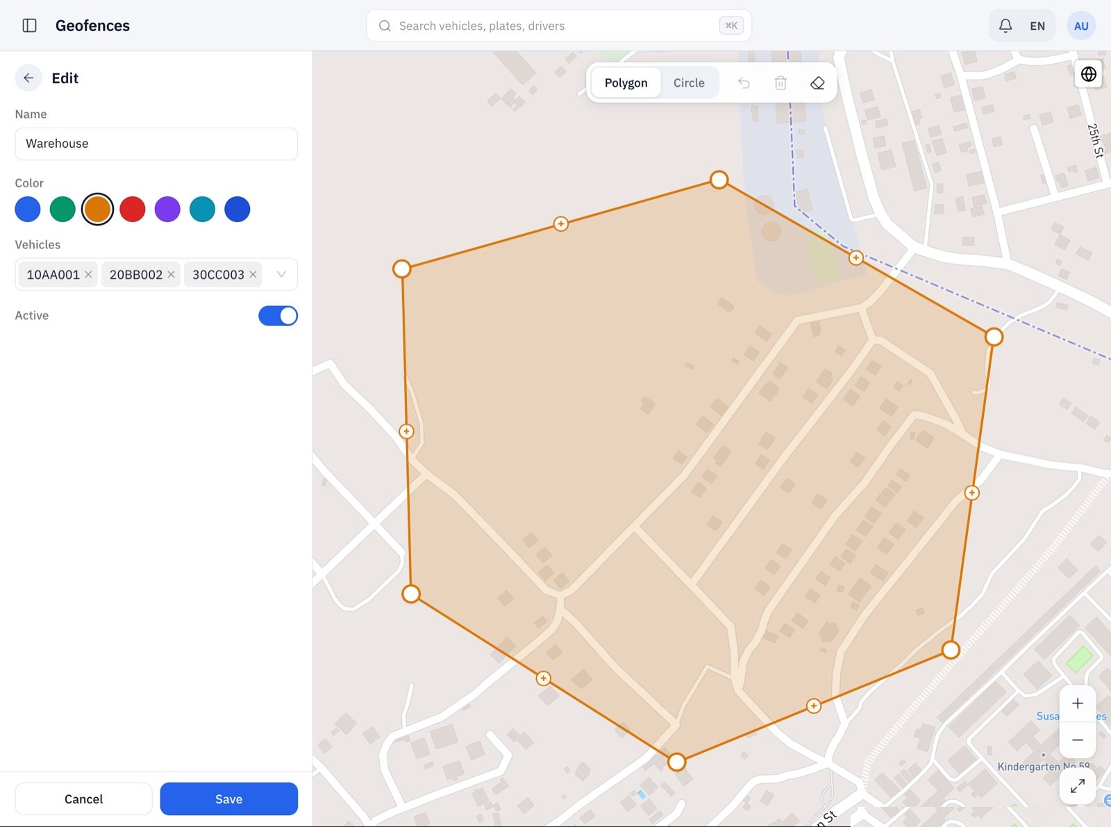 Geofence editor with a polygon zone around a warehouse
